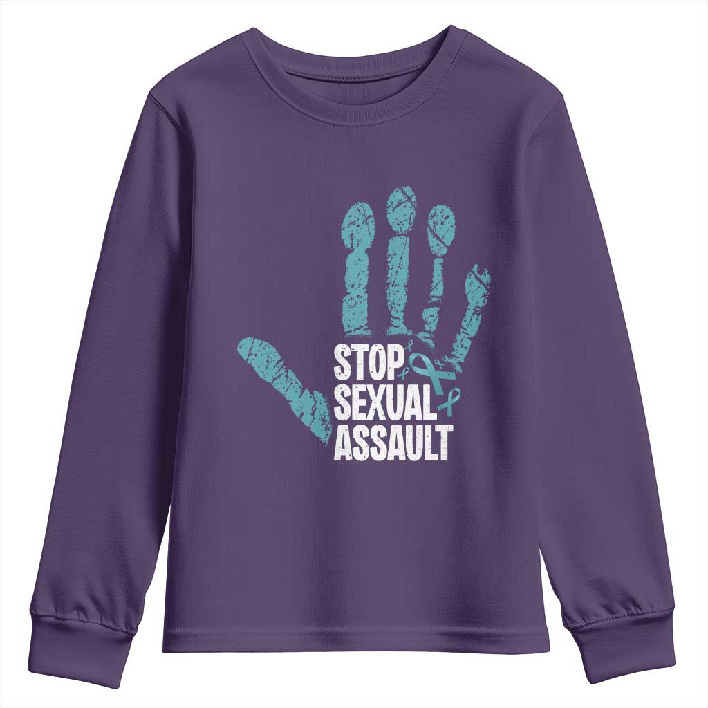 Stop Sexual Assault Youth Sweatshirt Teal Ribbon Hand