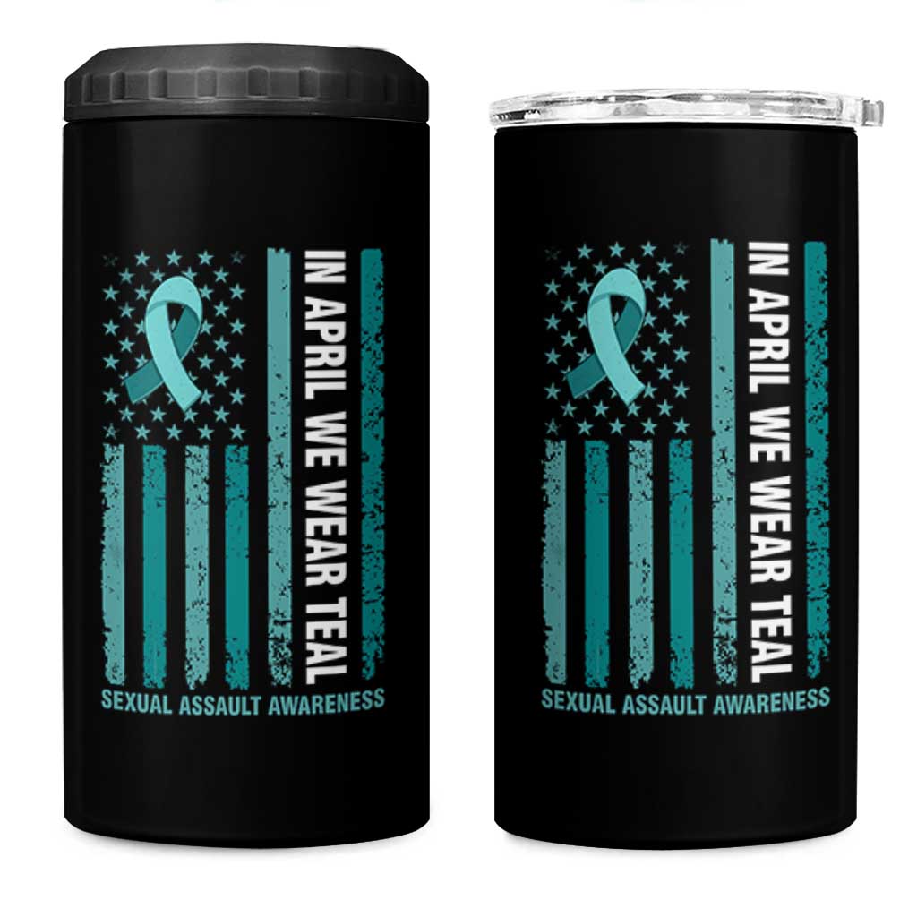 Sexual Assault Awareness American Flag 4 in 1 Can Cooler Tumbler In April We Wear Teal Ribbon