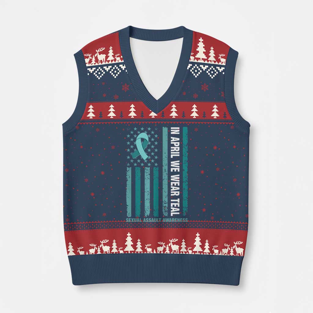 Sexual Assault Awareness American Flag V-Neck Knit Sweater Vest In April We Wear Teal Ribbon