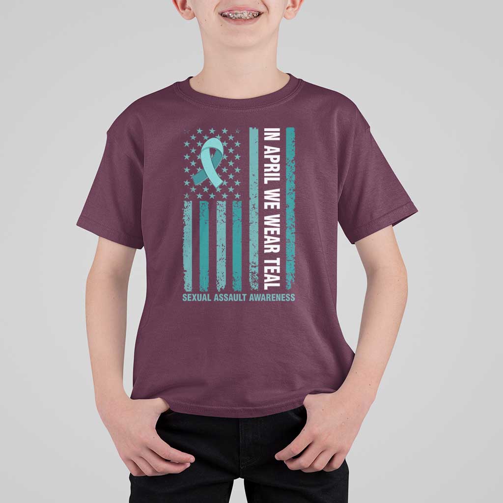 Sexual Assault Awareness American Flag T Shirt For Kid In April We Wear Teal Ribbon