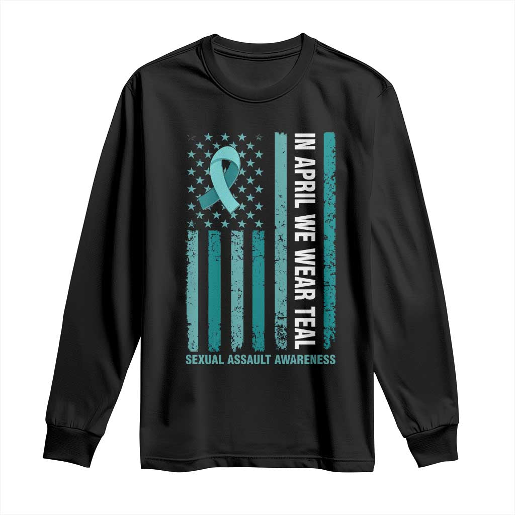 Sexual Assault Awareness American Flag Long Sleeve Shirt In April We Wear Teal Ribbon
