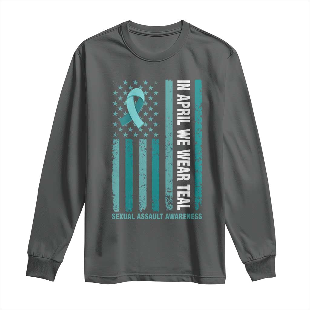 Sexual Assault Awareness American Flag Long Sleeve Shirt In April We Wear Teal Ribbon