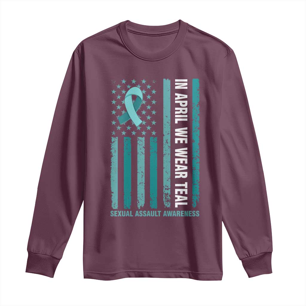 Sexual Assault Awareness American Flag Long Sleeve Shirt In April We Wear Teal Ribbon