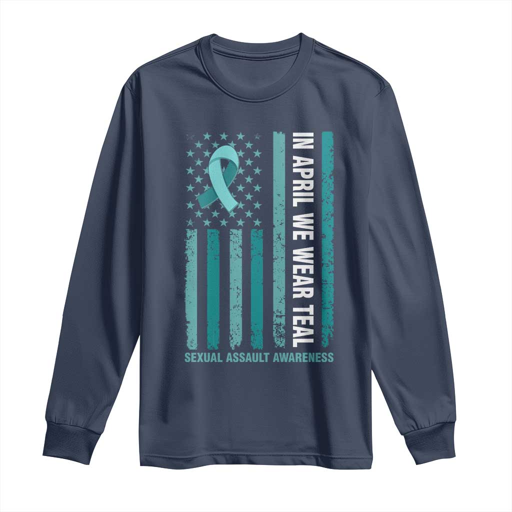 Sexual Assault Awareness American Flag Long Sleeve Shirt In April We Wear Teal Ribbon