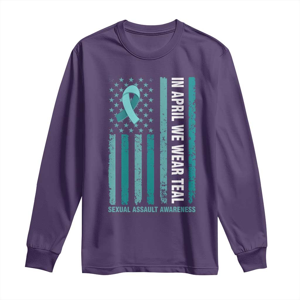 Sexual Assault Awareness American Flag Long Sleeve Shirt In April We Wear Teal Ribbon