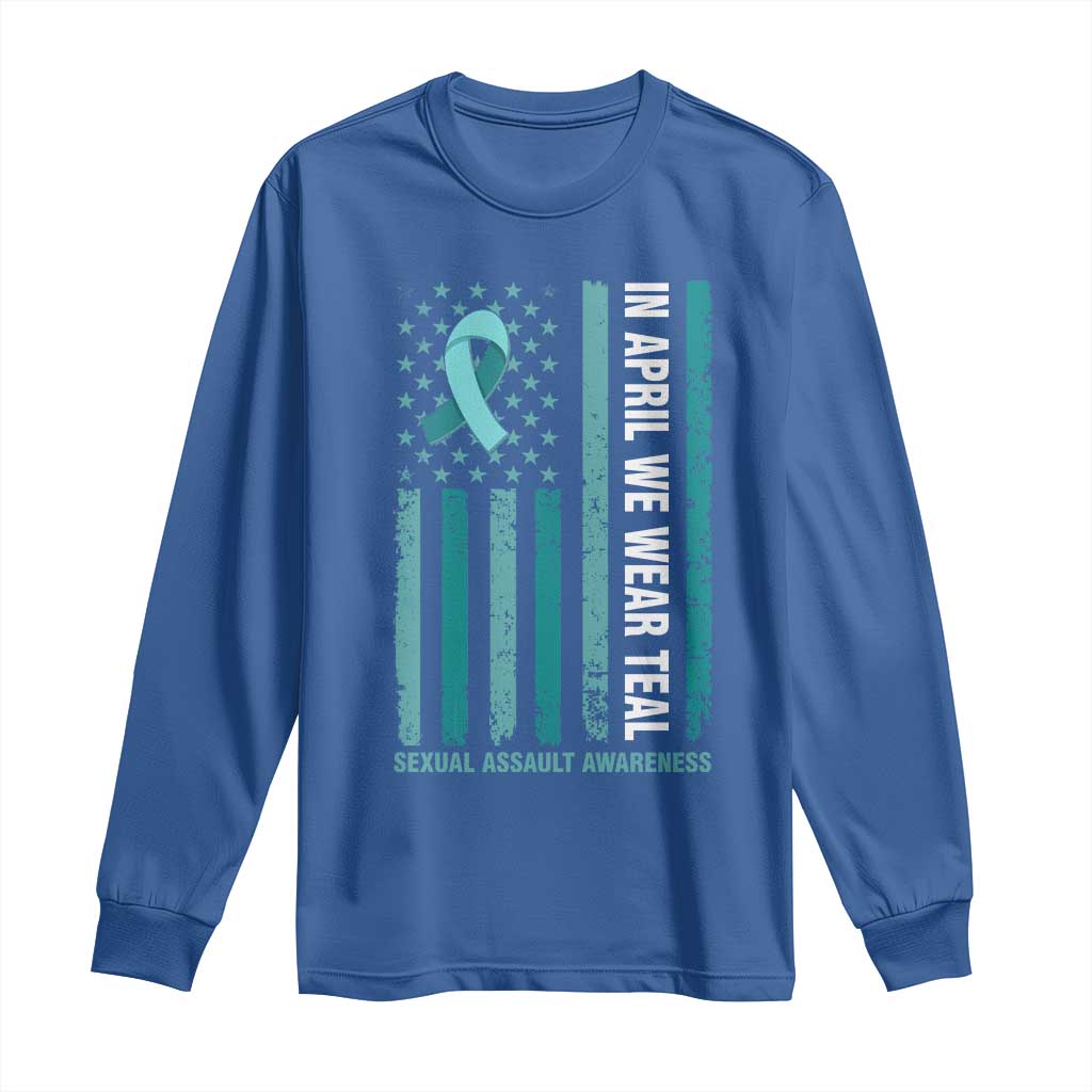 Sexual Assault Awareness American Flag Long Sleeve Shirt In April We Wear Teal Ribbon