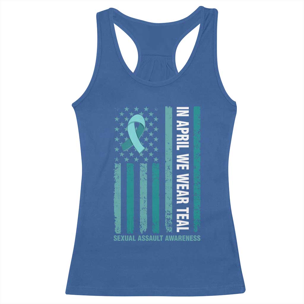Sexual Assault Awareness American Flag Racerback Tank Top In April We Wear Teal Ribbon