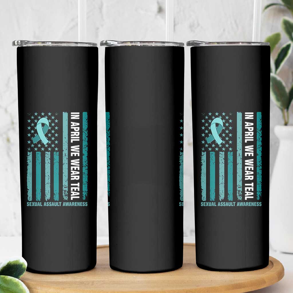 Sexual Assault Awareness American Flag Skinny Tumbler In April We Wear Teal Ribbon