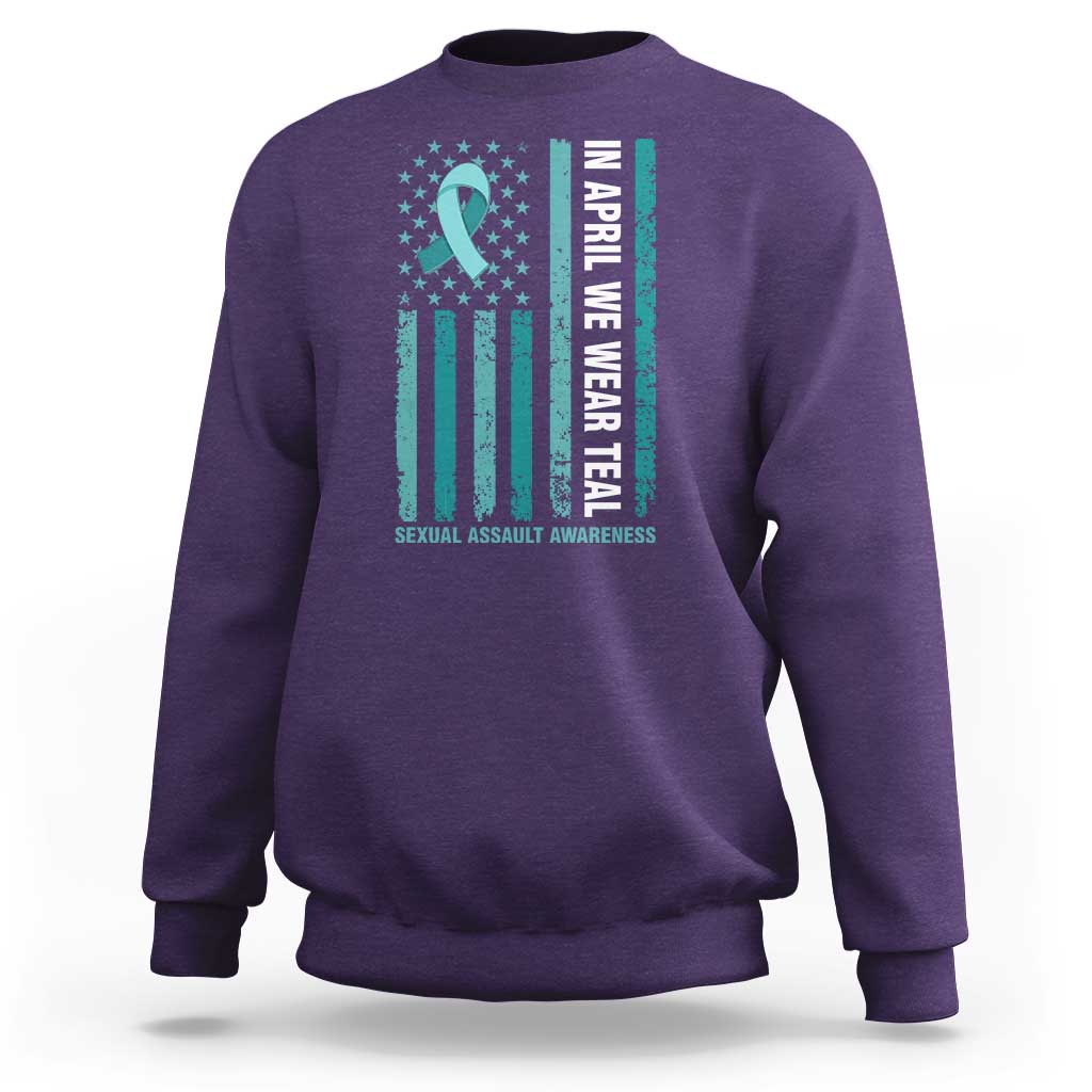 Sexual Assault Awareness American Flag Sweatshirt In April We Wear Teal Ribbon