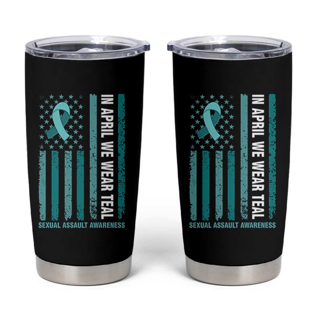 Sexual Assault Awareness American Flag Tumbler Cup In April We Wear Teal Ribbon