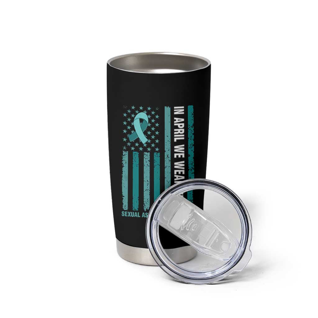 Sexual Assault Awareness American Flag Tumbler Cup In April We Wear Teal Ribbon