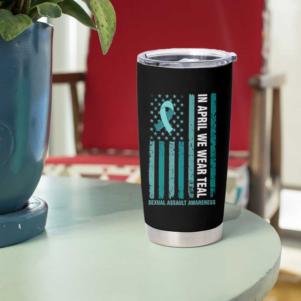 Sexual Assault Awareness American Flag Tumbler Cup In April We Wear Teal Ribbon
