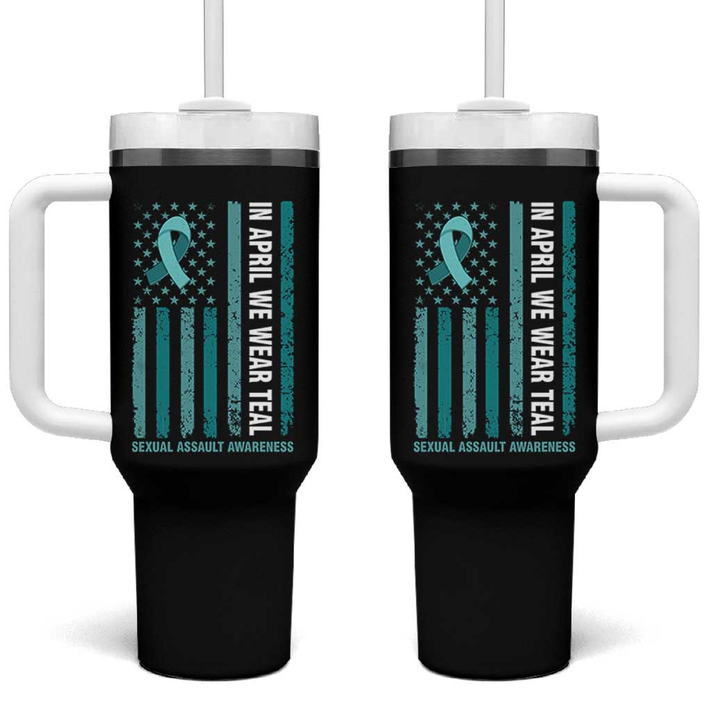 Sexual Assault Awareness American Flag Tumbler With Handle In April We Wear Teal Ribbon