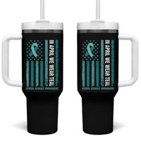 Sexual Assault Awareness American Flag Tumbler With Handle In April We Wear Teal Ribbon