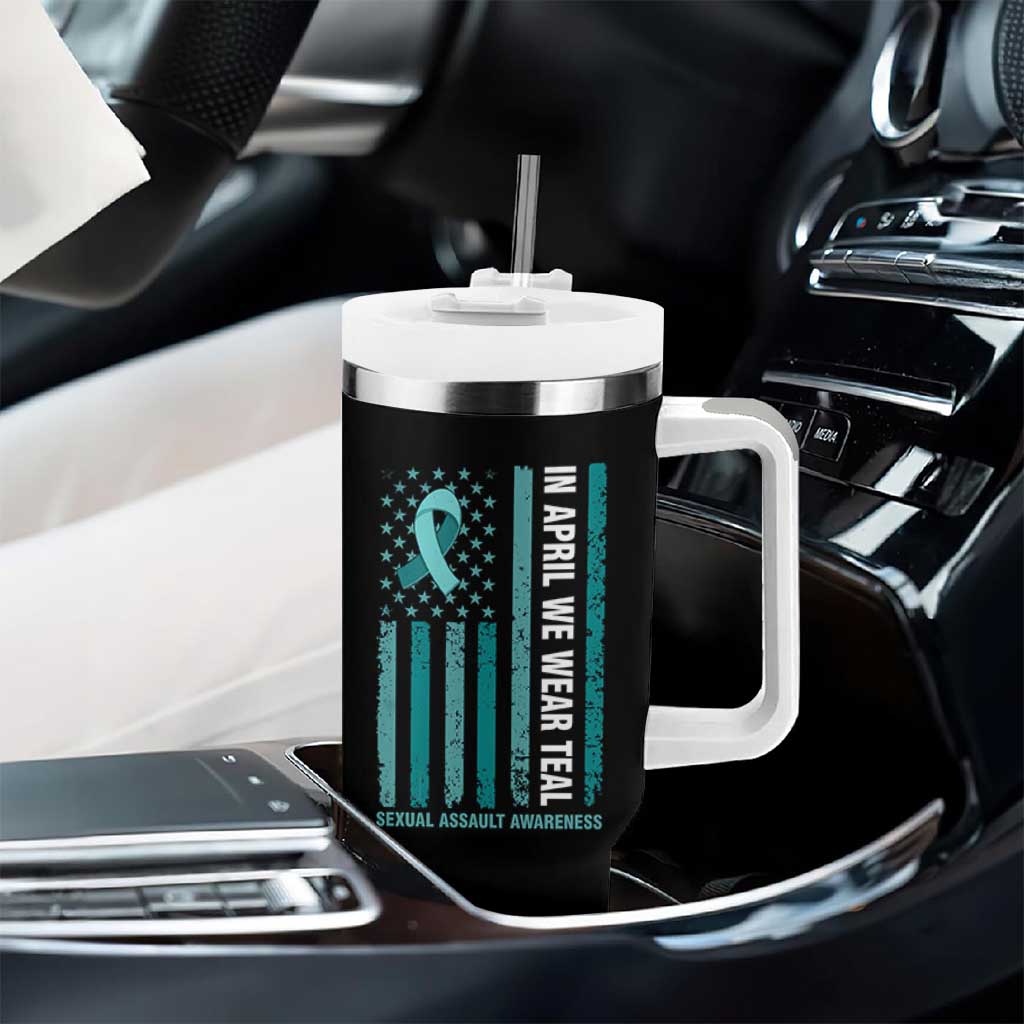 Sexual Assault Awareness American Flag Tumbler With Handle In April We Wear Teal Ribbon