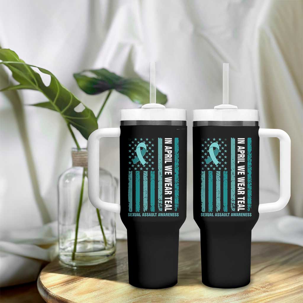 Sexual Assault Awareness American Flag Tumbler With Handle In April We Wear Teal Ribbon