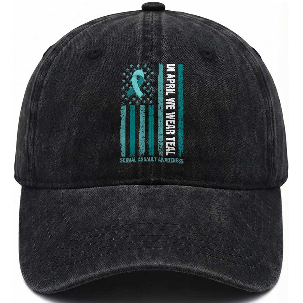 Sexual Assault Awareness American Flag Washed Cotton Baseball Cap In April We Wear Teal Ribbon