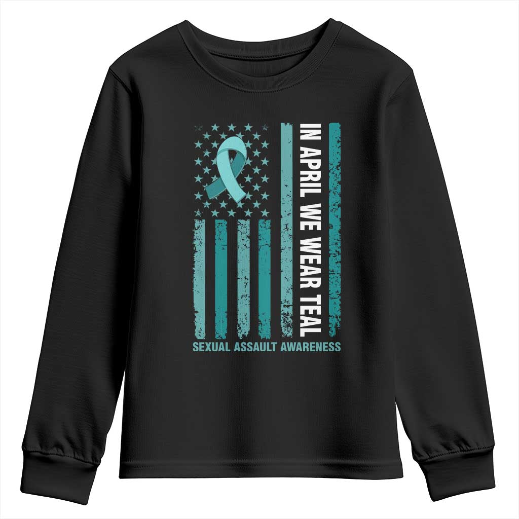 Sexual Assault Awareness American Flag Youth Sweatshirt In April We Wear Teal Ribbon