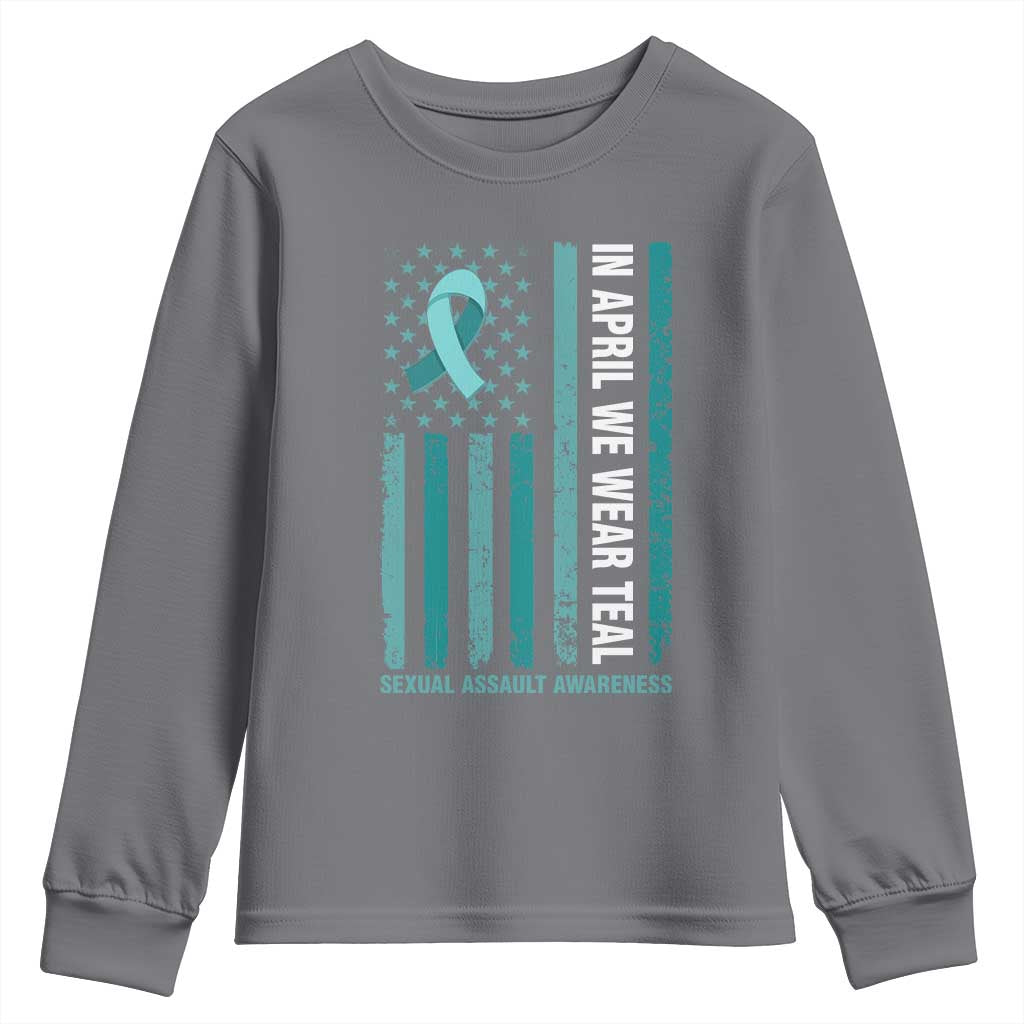 Sexual Assault Awareness American Flag Youth Sweatshirt In April We Wear Teal Ribbon