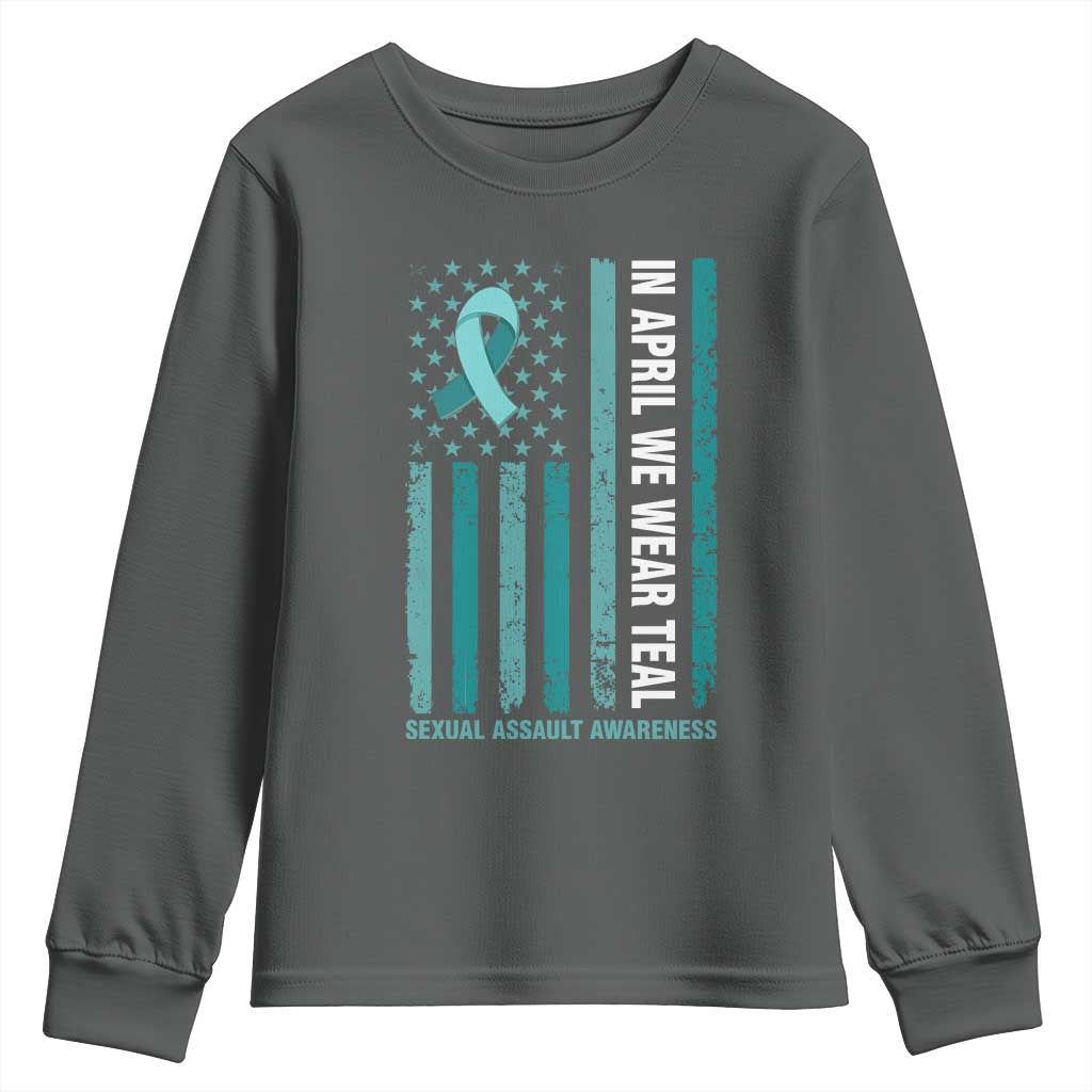 Sexual Assault Awareness American Flag Youth Sweatshirt In April We Wear Teal Ribbon