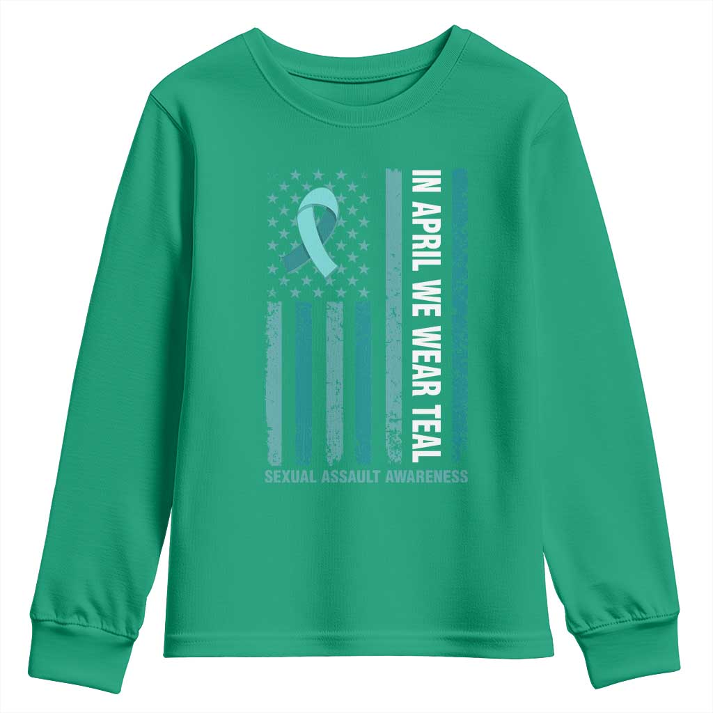 Sexual Assault Awareness American Flag Youth Sweatshirt In April We Wear Teal Ribbon
