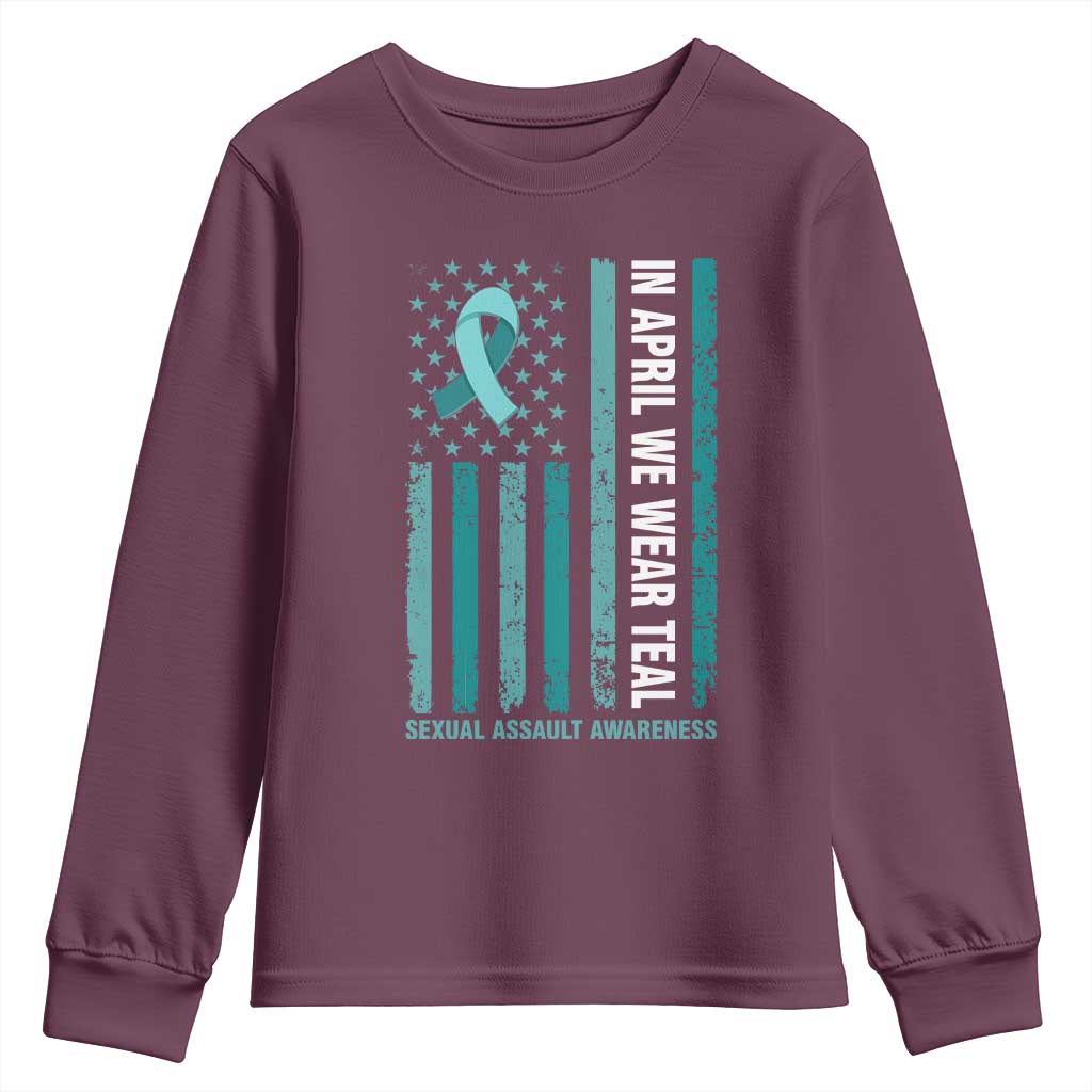 Sexual Assault Awareness American Flag Youth Sweatshirt In April We Wear Teal Ribbon