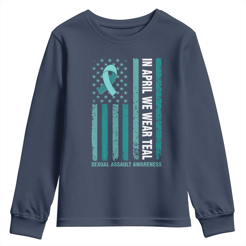 Sexual Assault Awareness American Flag Youth Sweatshirt In April We Wear Teal Ribbon
