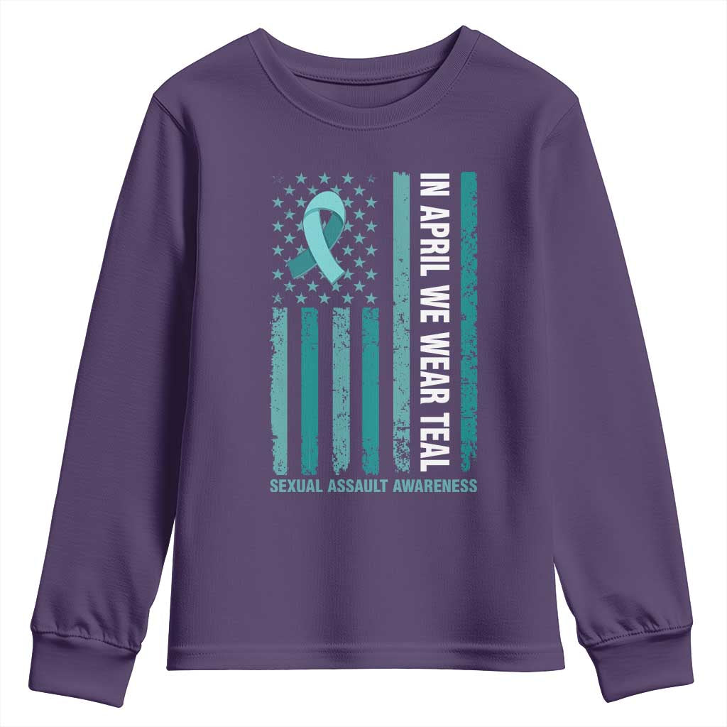 Sexual Assault Awareness American Flag Youth Sweatshirt In April We Wear Teal Ribbon