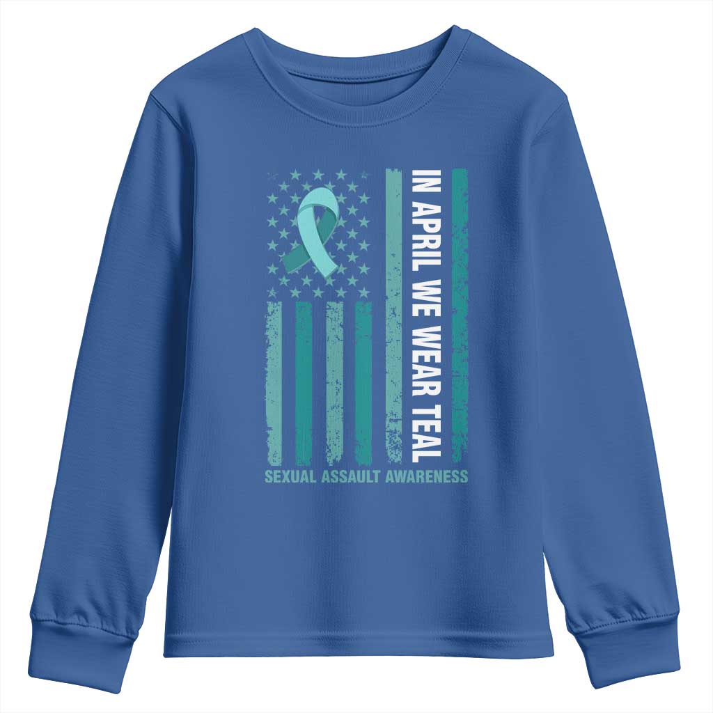 Sexual Assault Awareness American Flag Youth Sweatshirt In April We Wear Teal Ribbon