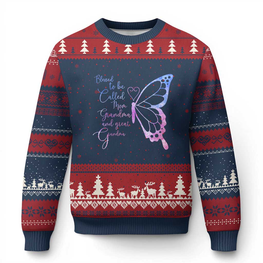 Blessed to Be Called Mom Grandma Great Grandma Ugly Christmas Sweater Mama Butterfly Mother's Day Gift