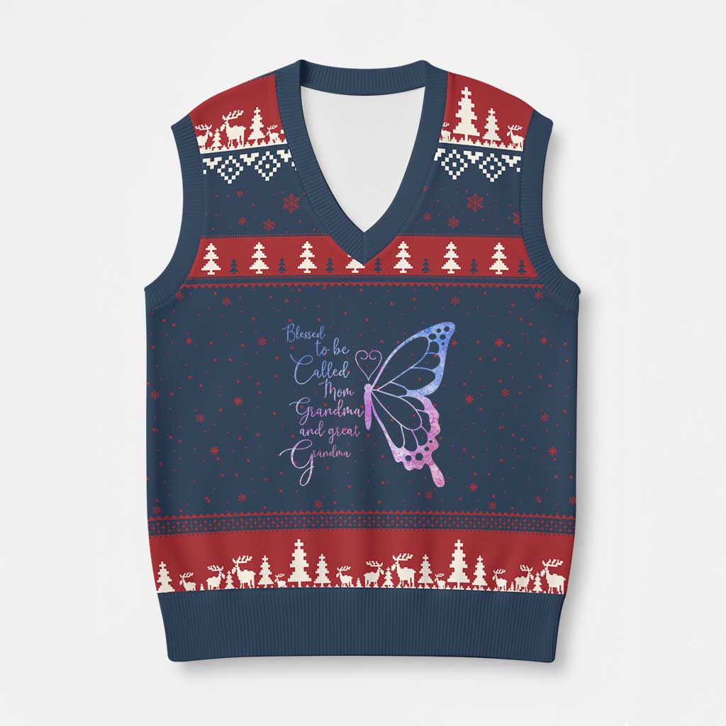 Blessed to Be Called Mom Grandma Great Grandma V-Neck Knit Sweater Vest Mama Butterfly Mother's Day Gift
