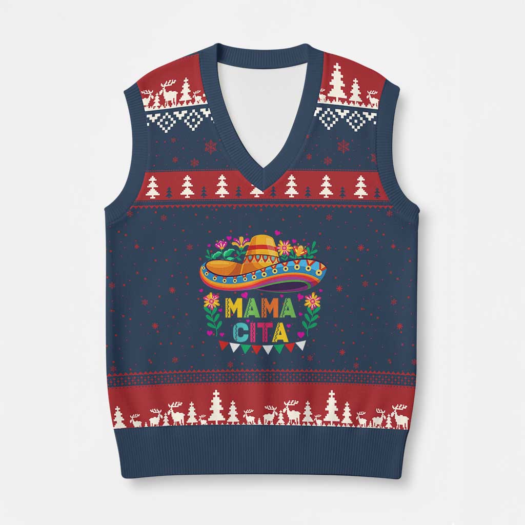 Mama Cita V-Neck Knit Sweater Vest Cinco De Mayo Mexican Mom Flower Sombrero