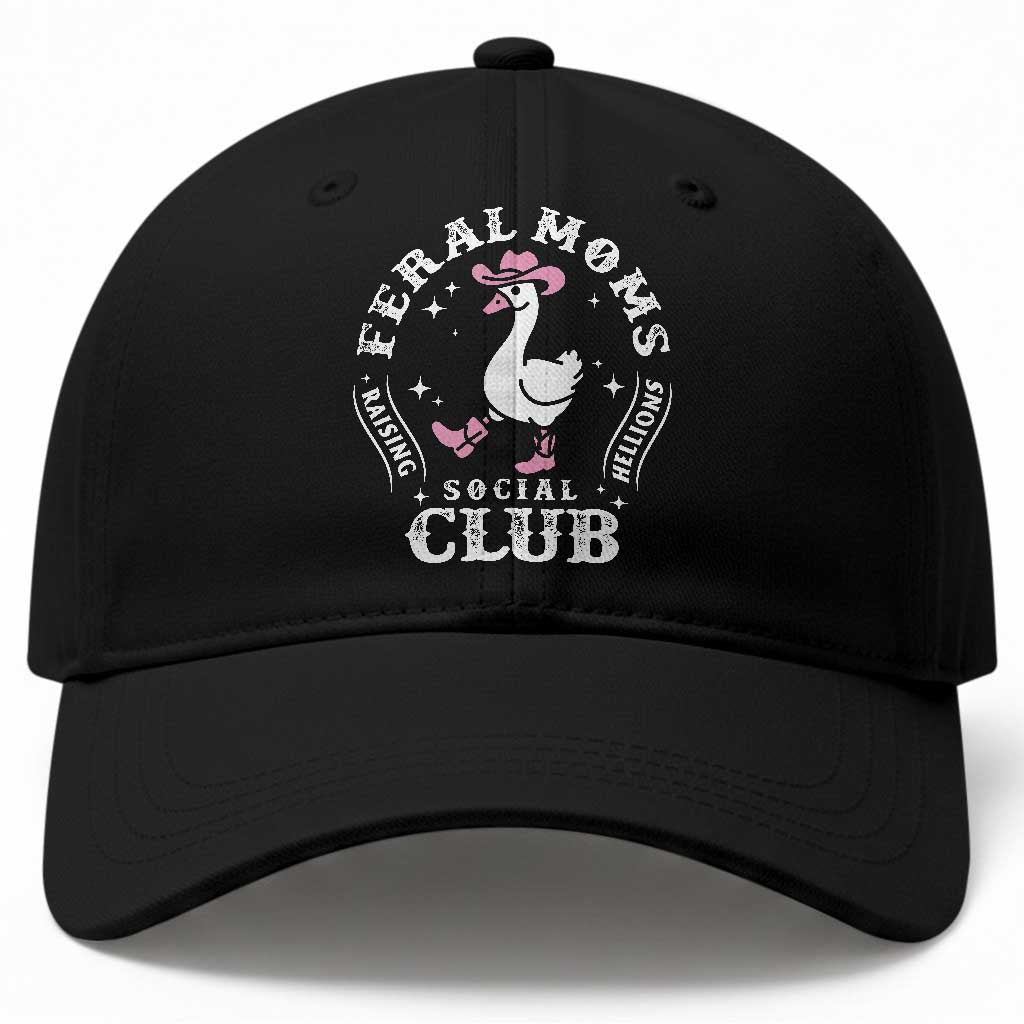 Feral Moms Raising Hellions Social Club Baseball Cap Funny Goose Pink Cowgirl Boots Hat