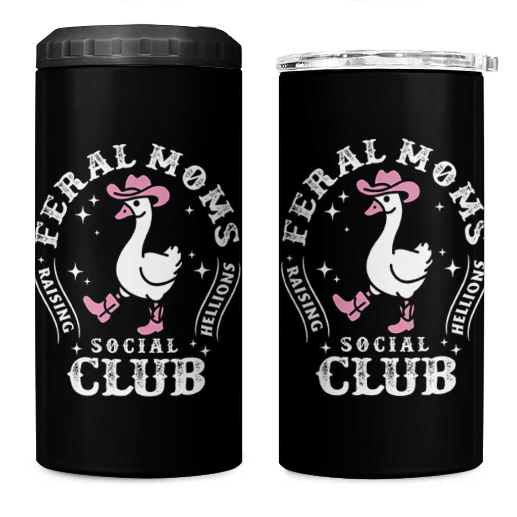 Feral Moms Raising Hellions Social Club 4 in 1 Can Cooler Tumbler Funny Goose Pink Cowgirl Boots Hat