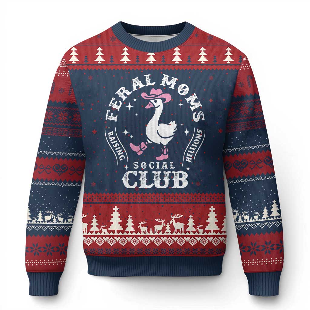 Feral Moms Raising Hellions Social Club Ugly Christmas Sweater Funny Goose Pink Cowgirl Boots Hat