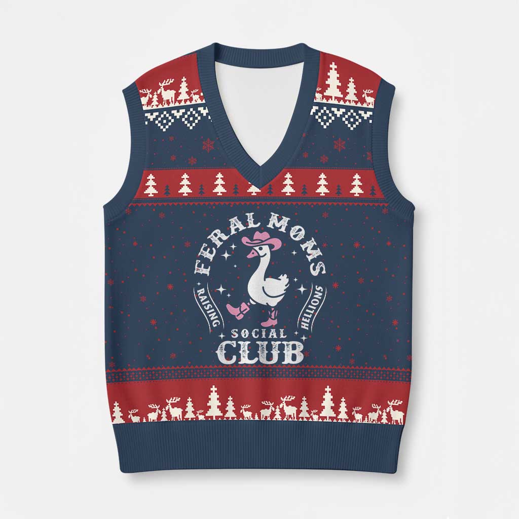Feral Moms Raising Hellions Social Club V-Neck Knit Sweater Vest Funny Goose Pink Cowgirl Boots Hat