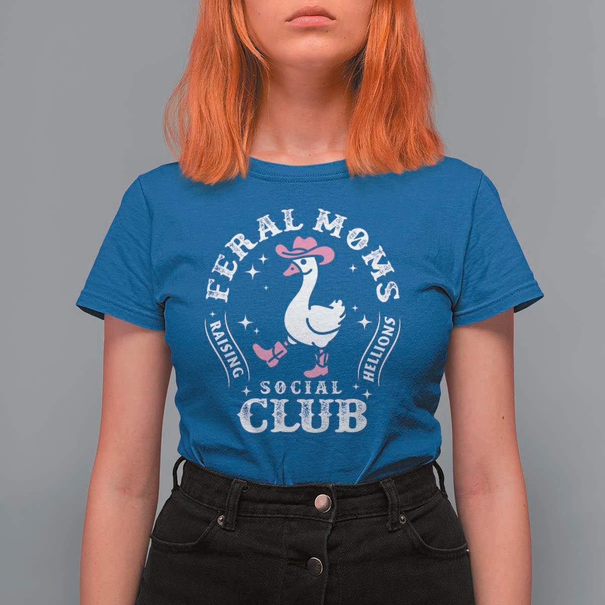 Feral Moms Raising Hellions Social Club T Shirt For Women Funny Goose Pink Cowgirl Boots Hat