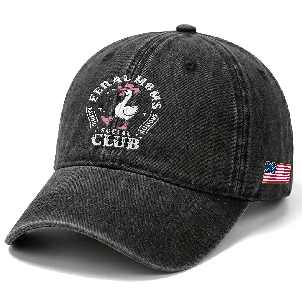 Feral Moms Raising Hellions Social Club Washed Cotton Baseball Cap Funny Goose Pink Cowgirl Boots Hat