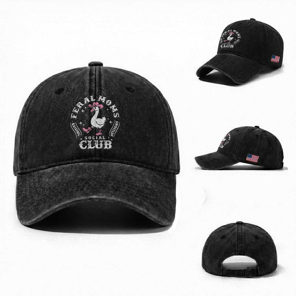 Feral Moms Raising Hellions Social Club Washed Cotton Baseball Cap Funny Goose Pink Cowgirl Boots Hat