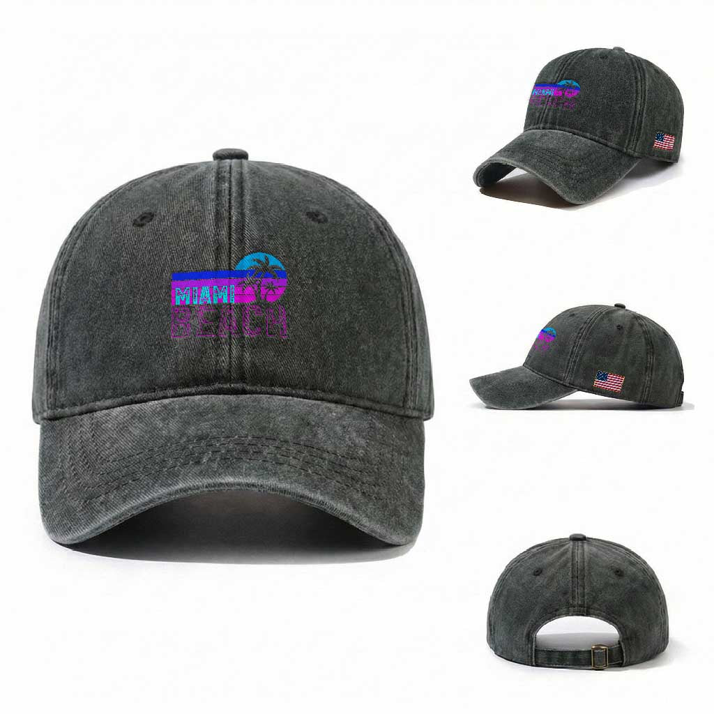 Vintage Miami Beach Washed Cotton Baseball Cap Florida Proud Floridian Retro Palms Trees