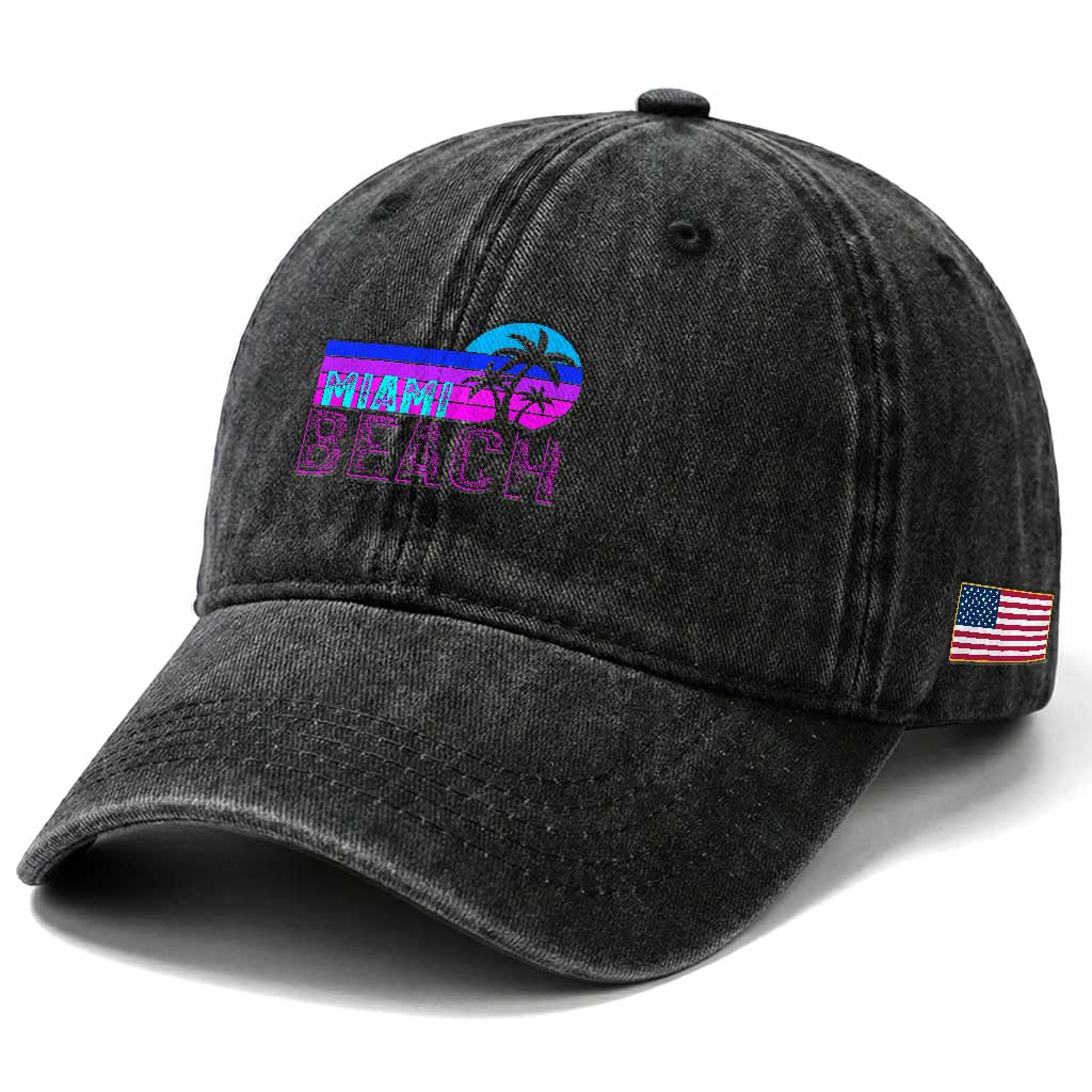 Vintage Miami Beach Washed Cotton Baseball Cap Florida Proud Floridian Retro Palms Trees