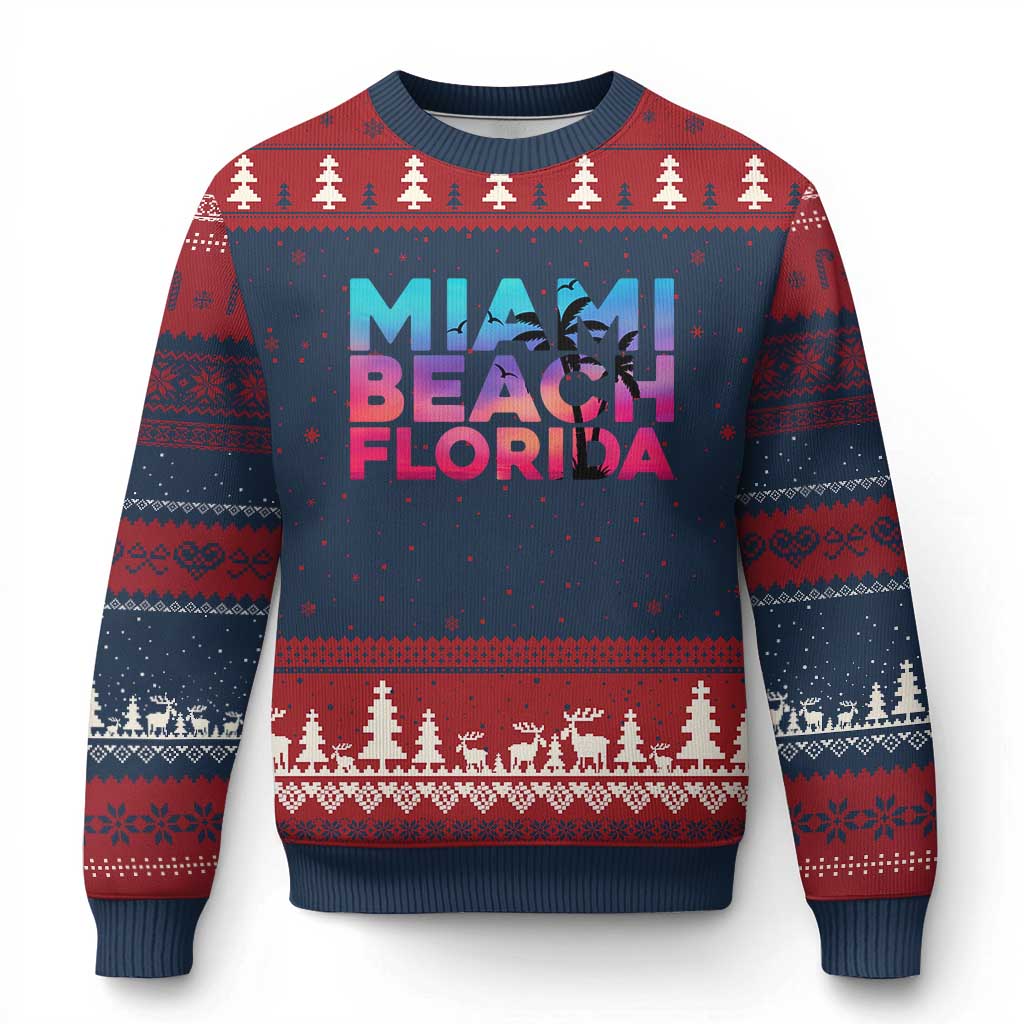 Miami Beach Florida Proud Ugly Christmas Sweater Floridian Retro Palms Trees