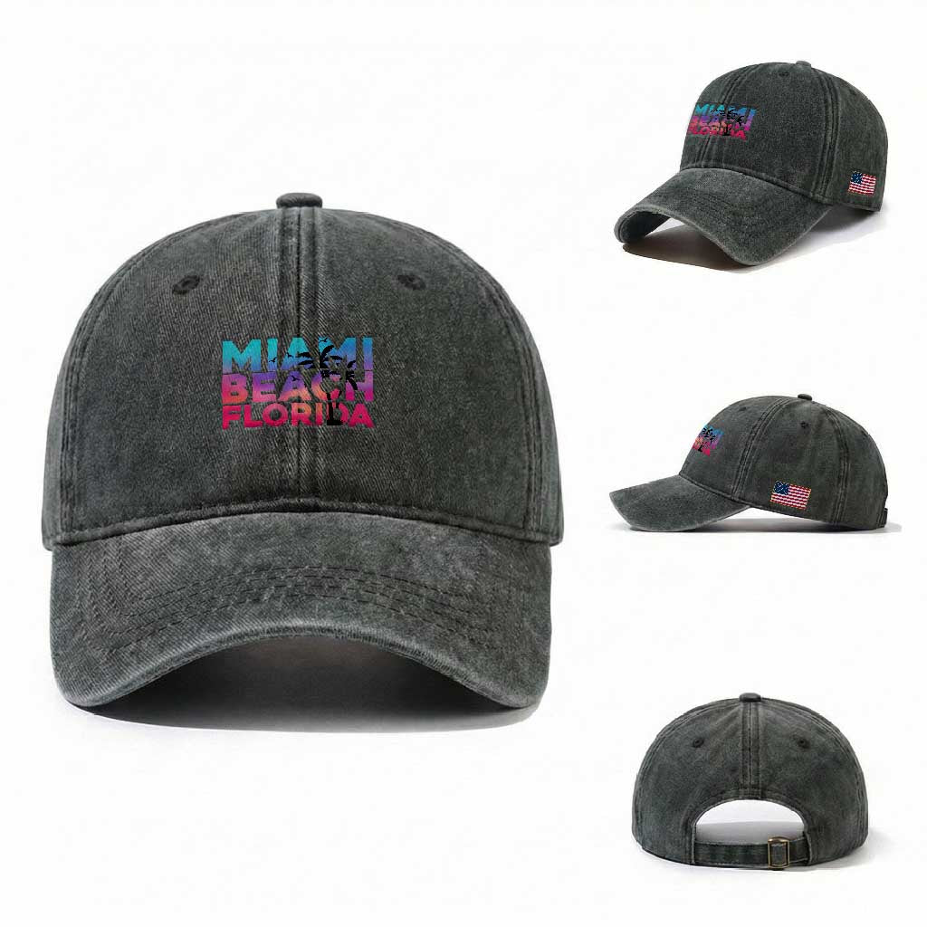 Miami Beach Florida Proud Washed Cotton Baseball Cap Floridian Retro Palms Trees