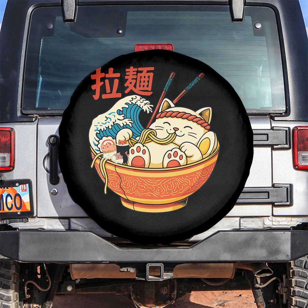 Funny Cat Ramen Spare Tire Cover Cute Japanese Sushi Kitty Eating Noodles - Wonder Print Shop