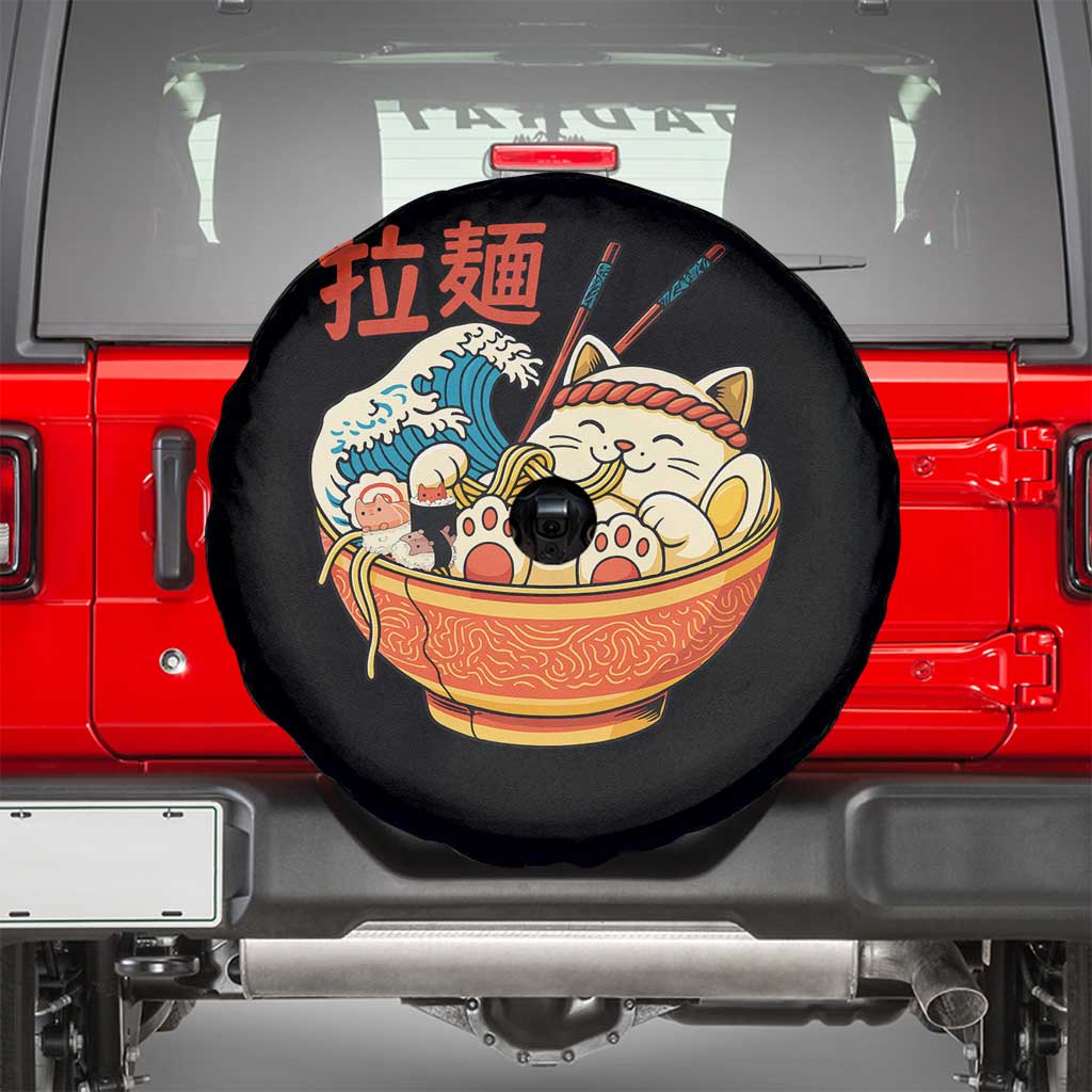 Funny Cat Ramen Spare Tire Cover Cute Japanese Sushi Kitty Eating Noodles - Wonder Print Shop