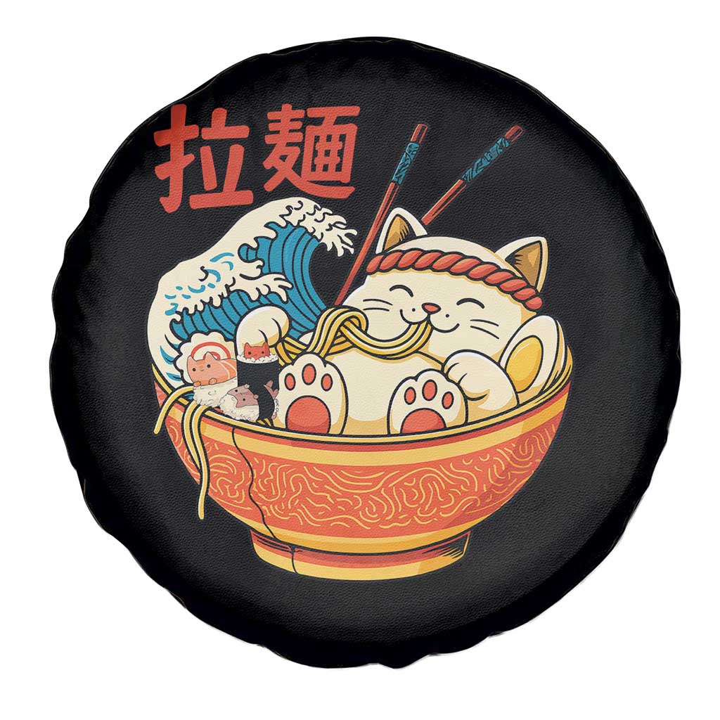 Funny Cat Ramen Spare Tire Cover Cute Japanese Sushi Kitty Eating Noodles - Wonder Print Shop