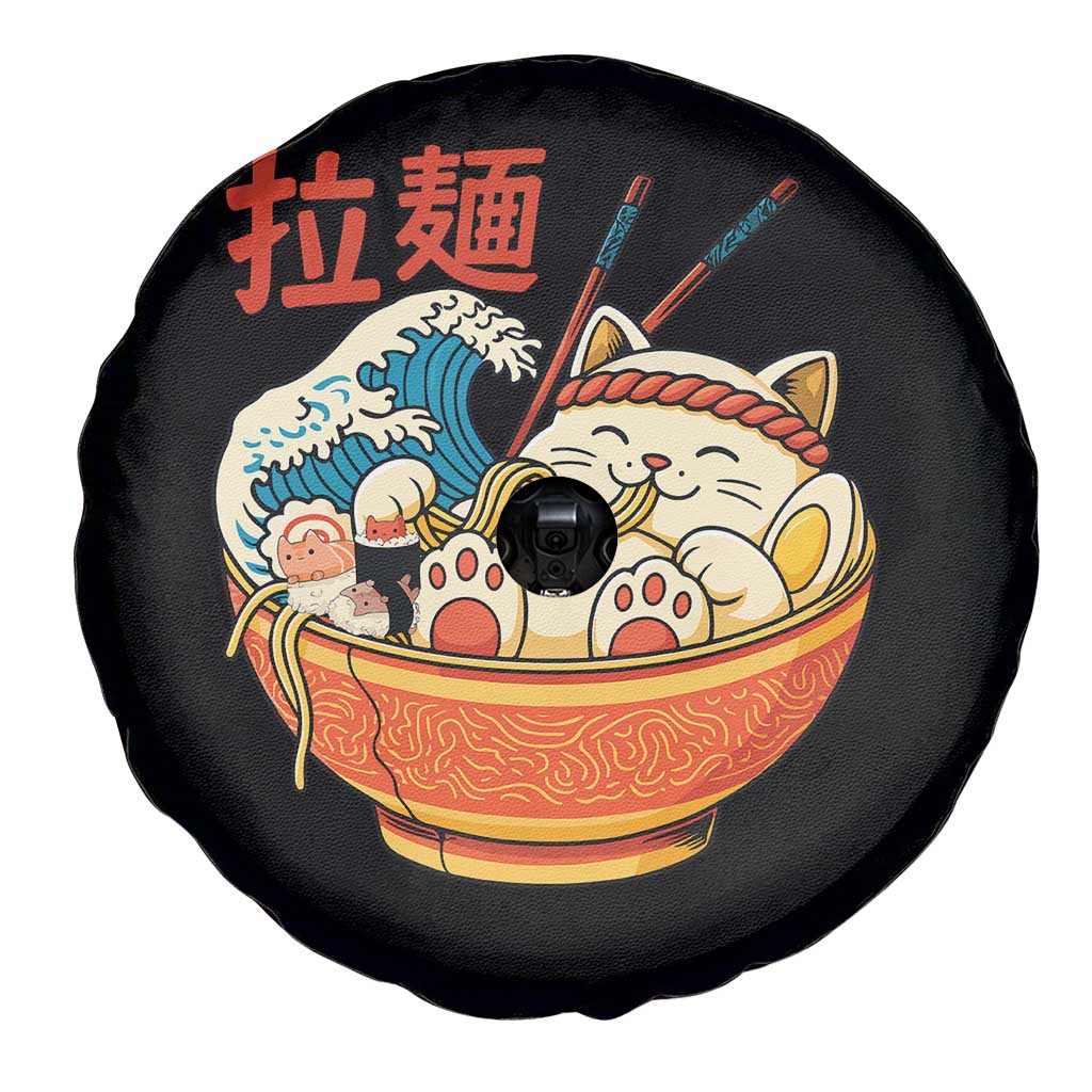Funny Cat Ramen Spare Tire Cover Cute Japanese Sushi Kitty Eating Noodles - Wonder Print Shop