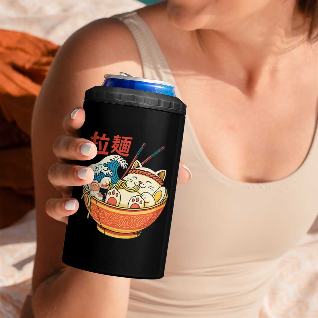 Funny Cat Ramen 4 in 1 Can Cooler Tumbler Cute Japanese Sushi Kitty Eating Noodles