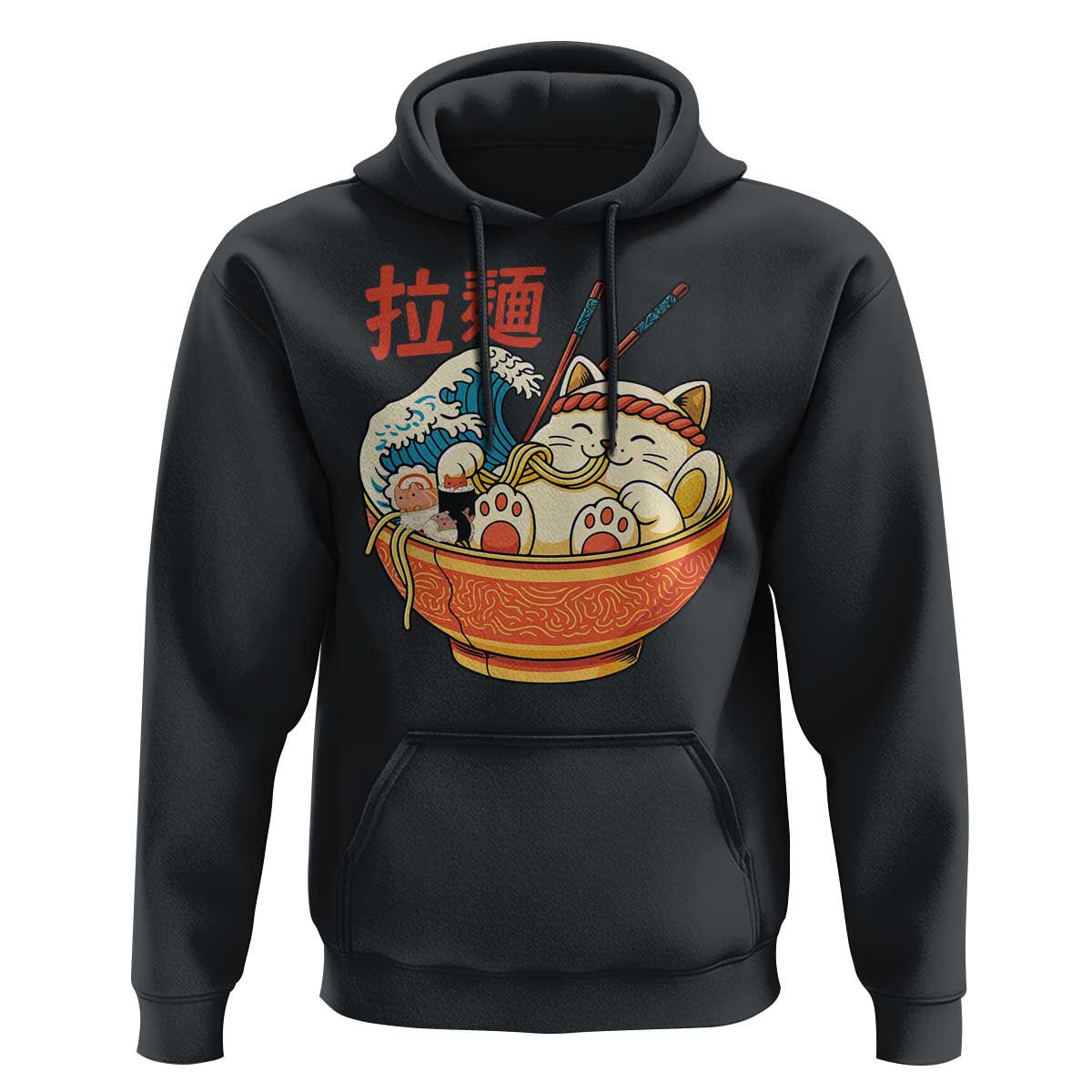 Funny Cat Ramen Hoodie Cute Japanese Sushi Kitty Eating Noodles - Wonder Print Shop
