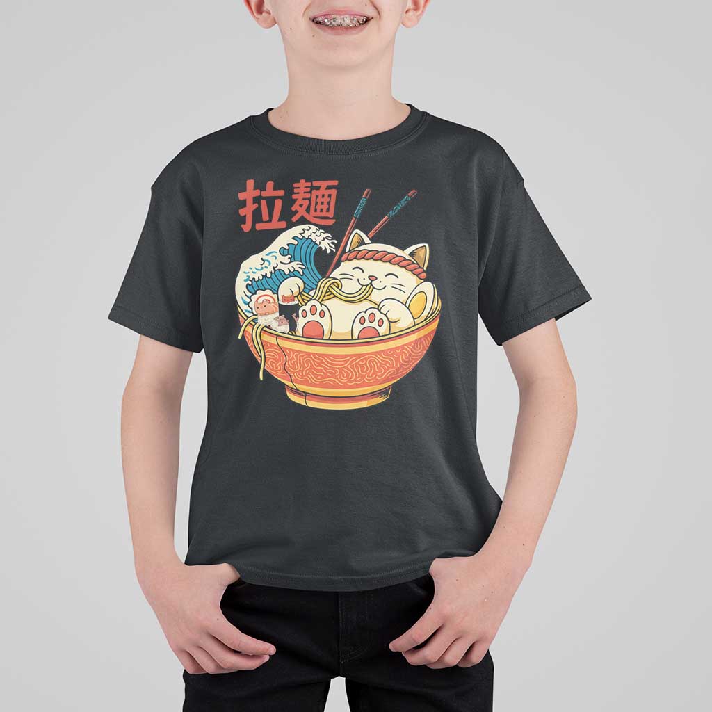 Funny Cat Ramen T Shirt For Kid Cute Japanese Sushi Kitty Eating Noodles - Wonder Print Shop
